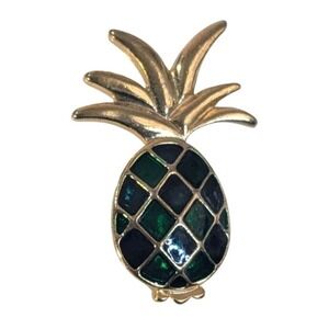 Gold-Tone Green Enamel Pineapple Brooch Pin Friendship Hospitality Tropical
